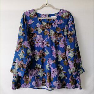 NWT J. Jill Women's Blue-Pink Floral V-Neck Long Sleeve Blouse Top Size XL